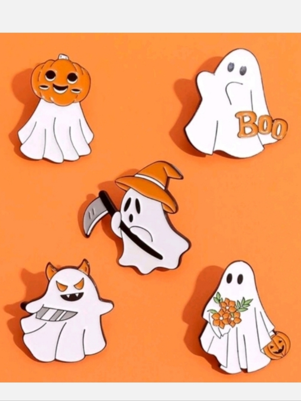 Spooky Ghost Enamel Pin Set - White & Orange